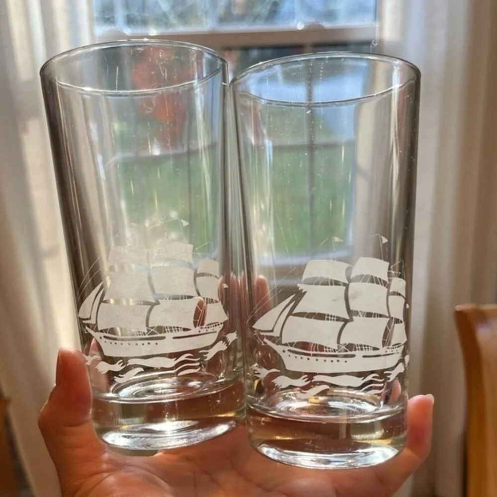 Vintage Schooner Sailing Ship Tumblers Glasses 12 oz. set of Two